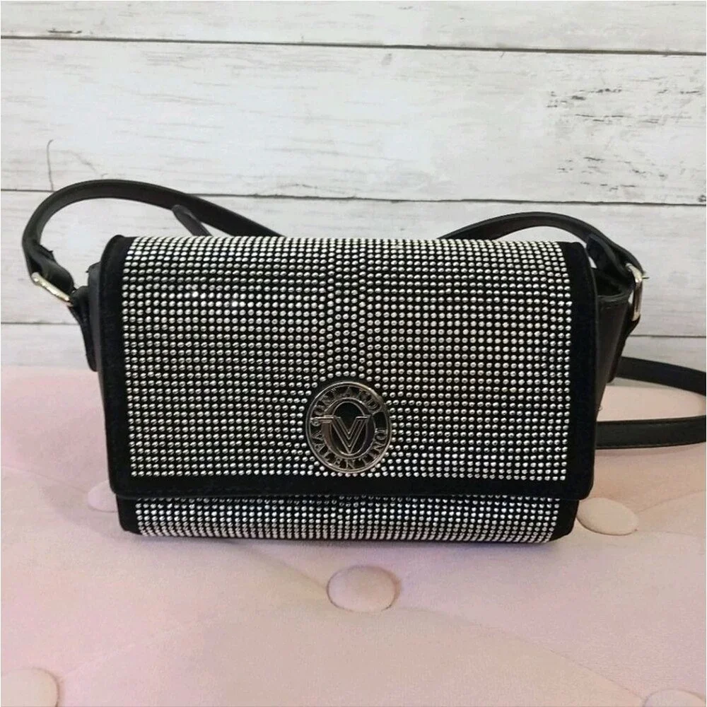 Valentino Orlandi Silver Studded Black Crossbody Bag Foldover Handbag Italy Luxe